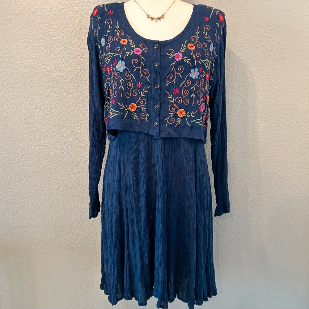 Navy Blue Embroidered Floral Dress Two Piece Long Sleeve M Cottage Boho Navy - Picture 4 of 16